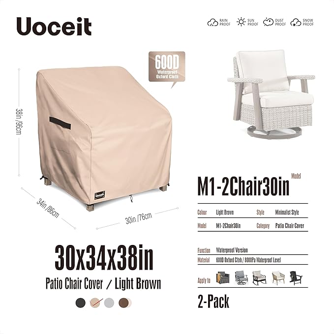 Outdoor Chair Covers 2 Pack,30"Wx34"Dx38"H inches100% Waterproof Heavy Duty Patio Furniture Cover ,Outdoor Furniture Covers Waterproof for Light Brown Minimalist Style Patio Chair Covers.