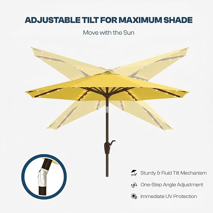 10FT Solar Patio Umbrella with Lights, Outdoor Table Market Umbrella with 32 LED Lights, 8 Sturdy Ribs, Push Button Tilt and Crank for Pool, Deck and Garden, UV-Resistant