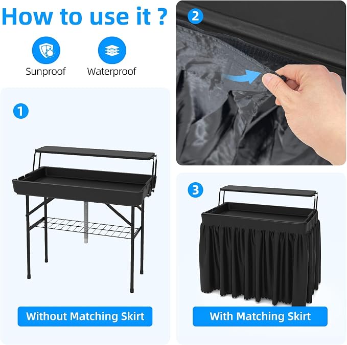 Double-Layer Ice Cooler Folding Table, Party Chilling Table with Drain and Detachable Black Skirt to Keep Drinks Cool for Weddings, Outdoor, Picnics, Pool Parties