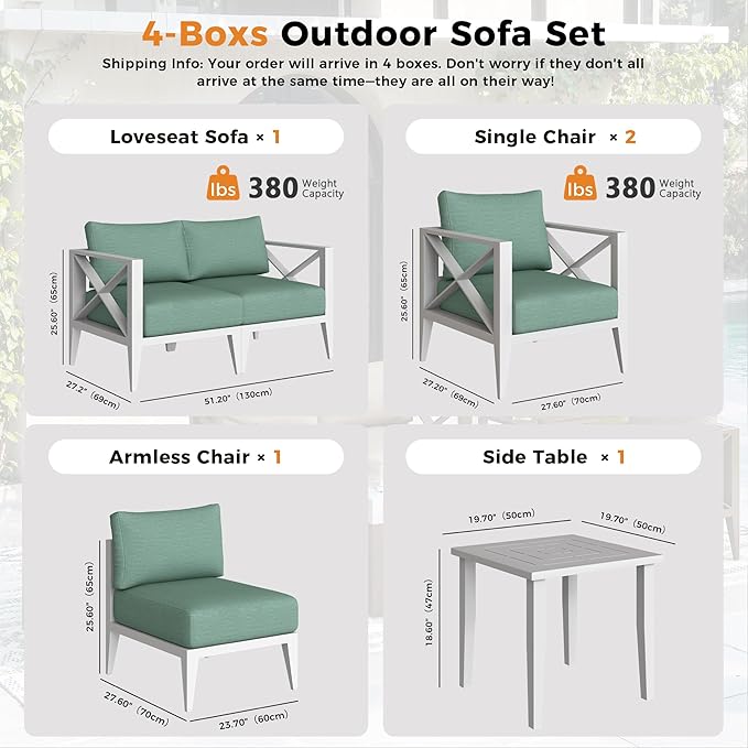 Aluminum Outdoor Furniture Set,5-Seats Patio Sectional Conversation Sofa with 5.2" All-Weather Cushions and Coffee Table,Patio Furniture Set for Deck, Porch, Garden (White)