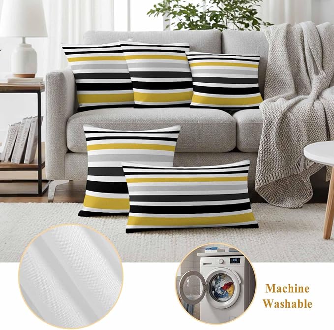 Outdoor Pillow Covers Set of 2, Watercolor Classic Stripe Decorative Throw Pillow Covers 18X18IN, Grey Black Yellow Lines Throw Pillows Protector Cushion Case for Patio,Couch,Sofa,Garden