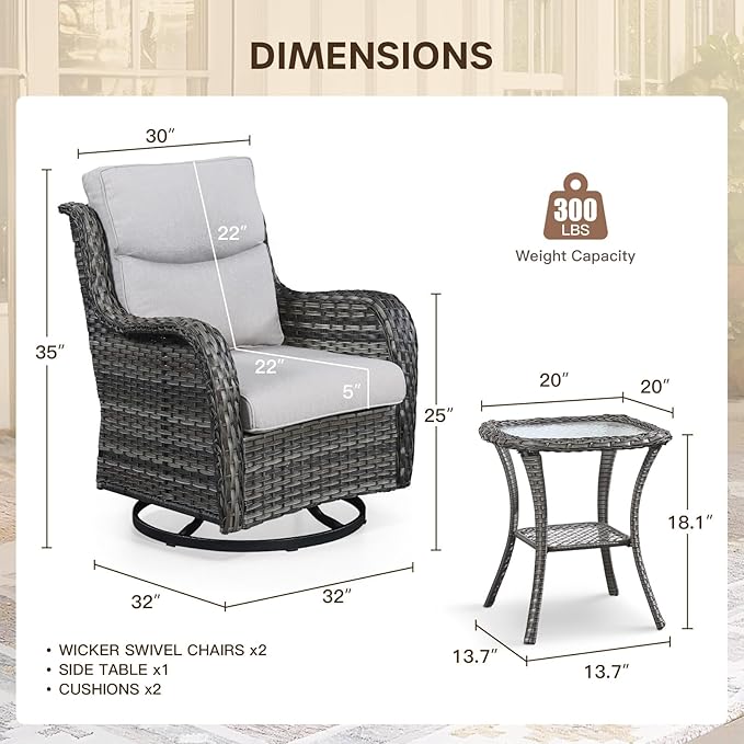Patio Swivel Chairs with Smile-Shaped Cushions, 3 Piece High Back Patio Swivel Glider Chairs with Side Table 3PCS PE Rattan Luxury Swivel Patio Chairs Set Grey Wicker | Beige Cushions