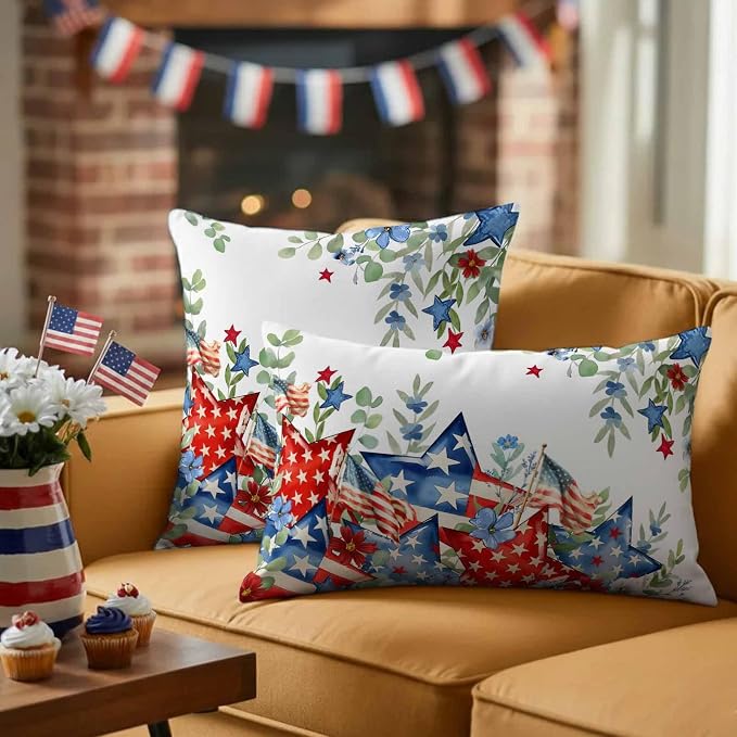 American Flag Stripe Star Outdoor Pillow Covers 16x16in Pack of 2 Waterproof Pillowcase Summer Green Eucalyptus Leaf Decorative Throw Cushion Case for Patio Couch Sofa