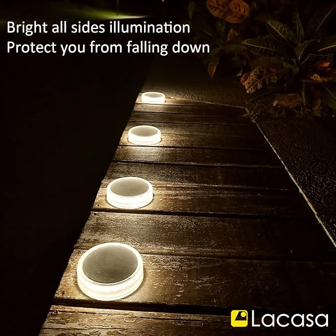 Lacasa Solar Deck Lights Outdoor Waterproof LED Solar Step Lights Driveway Lights, White 4000K, for Garden Yard Patio Pathway, Round, 4 Pack