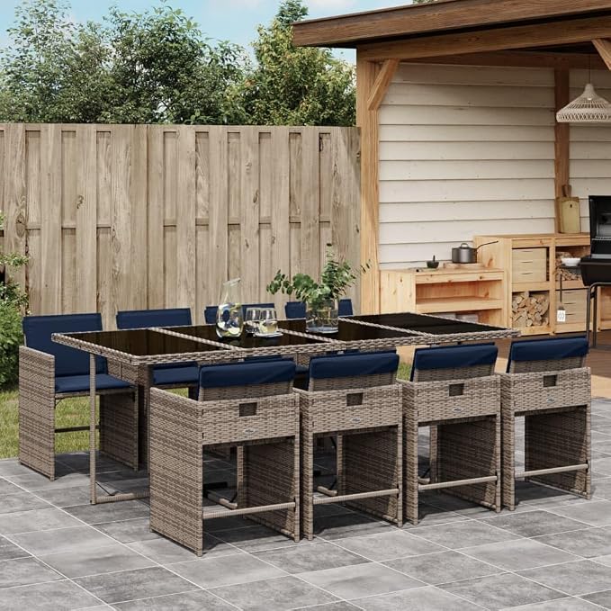 9 Piece Garden Dining Set with Cushions Grey Poly Rattan Outdoor Patio Furniture Table and 8 Chairs with Navy Blue Washable Seat Cushions Folding Backrest Tempered Glass for Al Fresco Dining