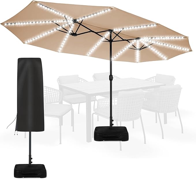Sundale Outdoor Solar 15 ft 144 LED Olefin 5-Year-Non-Fading Patio Umbrella with Sandbag Base Included and Cover, Outdoor Double-Sided Umbrella with Lights