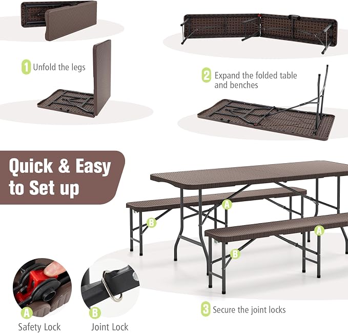 Goplus 6 FT 3-Piece Portable Picnic Table Bench Set, HDPE Rattan-Like Plastic Folding Picnic Tables with Benches, Foldable Patio Camping Beer Table, Indoor & Outdoor Folding Table and Chairs