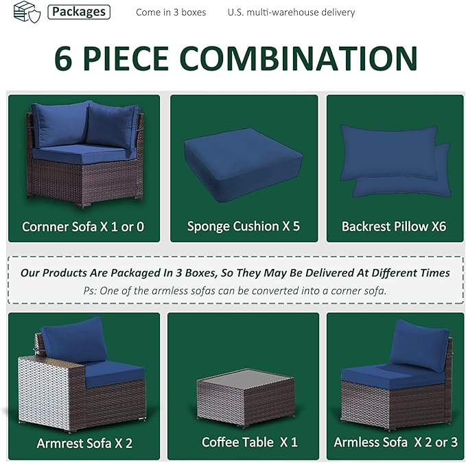6 PCS Outdoor Patio Furniture Set,Outdoor Sectional Furniture All Weather PE Rattan Wicker Patio Conversation Set with Coffee Table and 5 Thickened Cushions,Navy Blue