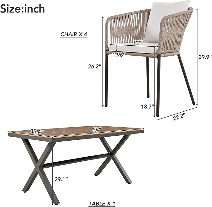 VilroCaz 7 Pieces Patio Dining Set, All-Weather Outdoor Conversation Set Gathering Set with Acacia Wood Tabletop and Metal Frame, Dining Table and Chairs for Garden Backyard Balcony (Beige Rope)