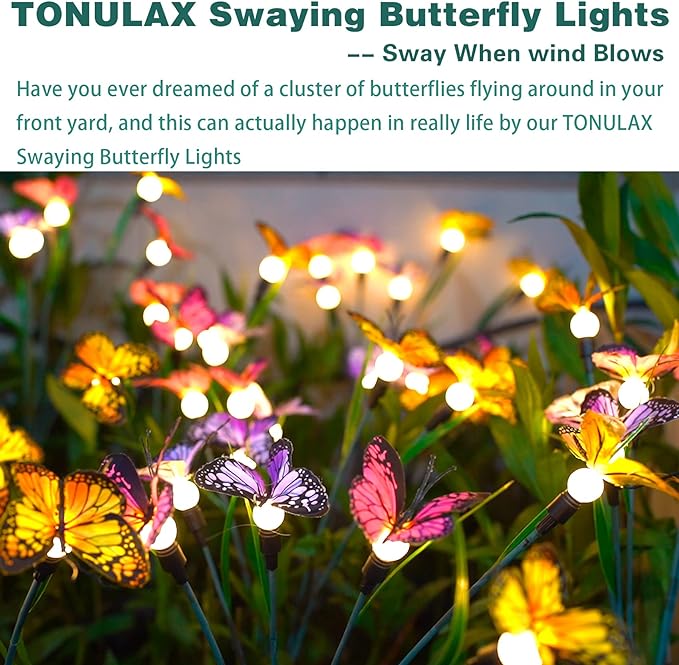 TONULAX Solar Garden Lights - 8 Pack Swaying Butterfly Light, Swaying in The Wind, Solar Outdoor Lights, Yard Patio Pathway Decoration, High Flexibility Iron Wire & Realistic Butterflies