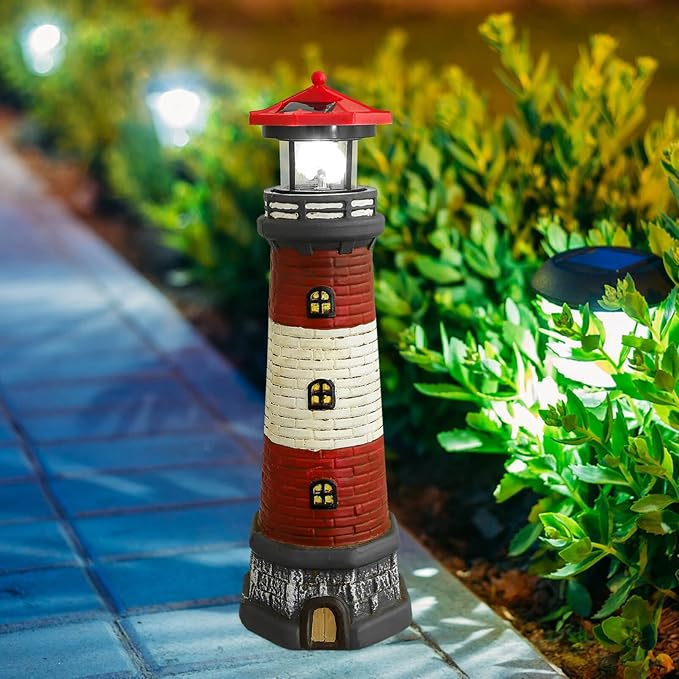 Solar Rotating Lighthouse Outdoor Lantern Garden Decor Resin Street Light - Red
