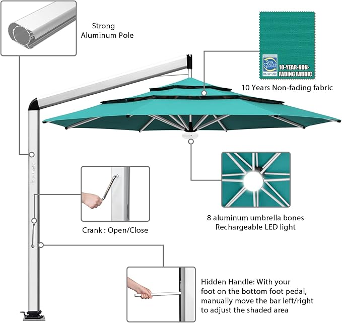 EliteShade USA Atlas 3-Tier 11FT Full Aluminum Cantilever Patio Umbrella for Outdoor Restaurant Garden Courtyard Deck Pool and Marketing with Light (No battery), Teal