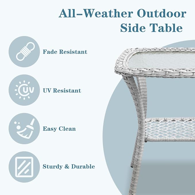 Small Outdoor Side Table - 50 LBS Weight Capacity Wicker Side Table with Storage, Tempered Glass Top Patio Side Table for Porch Balcony Deck Garden - Light Grey