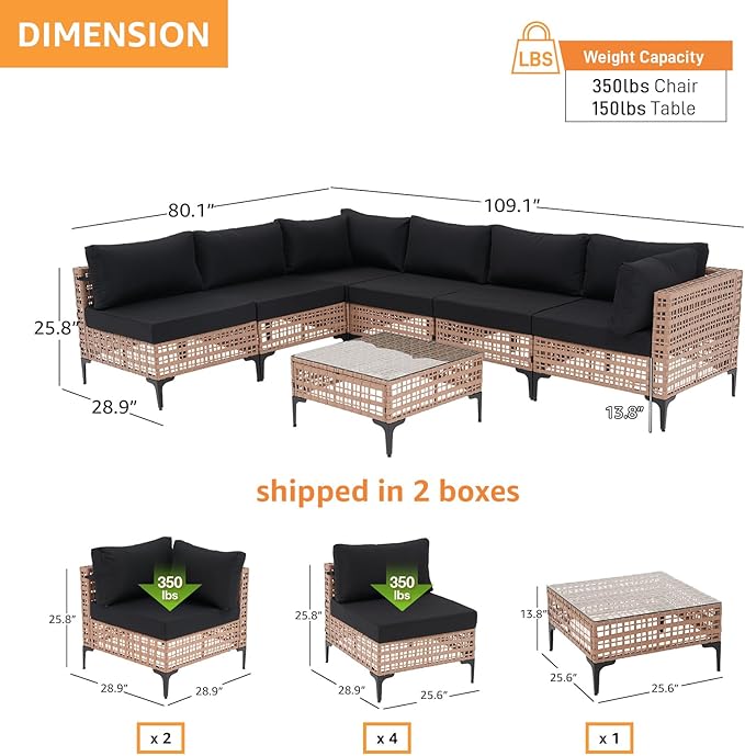 Patiorama 7 Piece Wicker Patio Furniture Set, Natural-Colored PE Rattan Outdoor Conversation Set Sectional Sofa with Water Resistant Cushion and Glass Table, Outdoor Couch, Porch, Backyard-Black