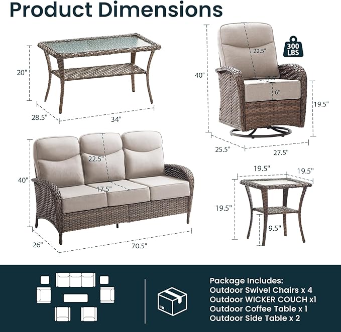 High Back Luxury Patio Furniture Set with 6-inch Thick Cushion, Swivel Rocker Patio Chairs Set of 4 with Outdoor Couch, 8 Piece Wicker Conversation Set for Deck Yard Garden Balcony Beige