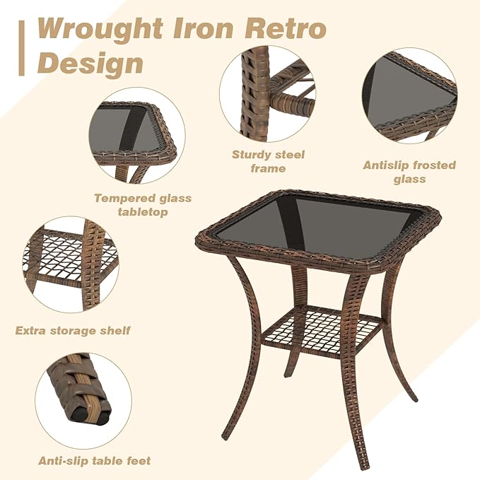EROMMY 3 Pieces Patio Furniture Set, Outdoor Swivel Rocker Patio Chairs, Wicker Patio Bistro Set with Rocking Chair, Thickened Cushions and Glass Coffee Table for Backyard, Garden, Grey