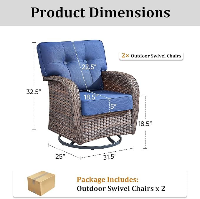 2-Piece Wicker Patio Furniture Set with 5-Inch Thick Cushions Weather Resistant Rattan High Back Swivel Rocker Chairs Senior Friendly Conversation Set for Small Porch Deck Sunroom Brown/Blue