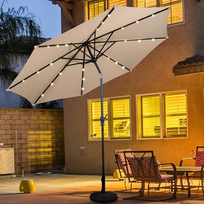 Goplus SPSUPE Patio, Solar Powered Umbrella with 18 LED Lights, Beige, 9 ft (Patio Umbrella)