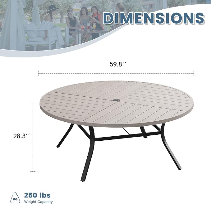 DIFY 59.8" Round Outdoor Patio Dining Table for 8-10, All-Weather Metal Steel Slatted Patio Table with 1.57" Adjustable Umbrella Hole for Garden, Backyard, Deck, Grey Wood-Like