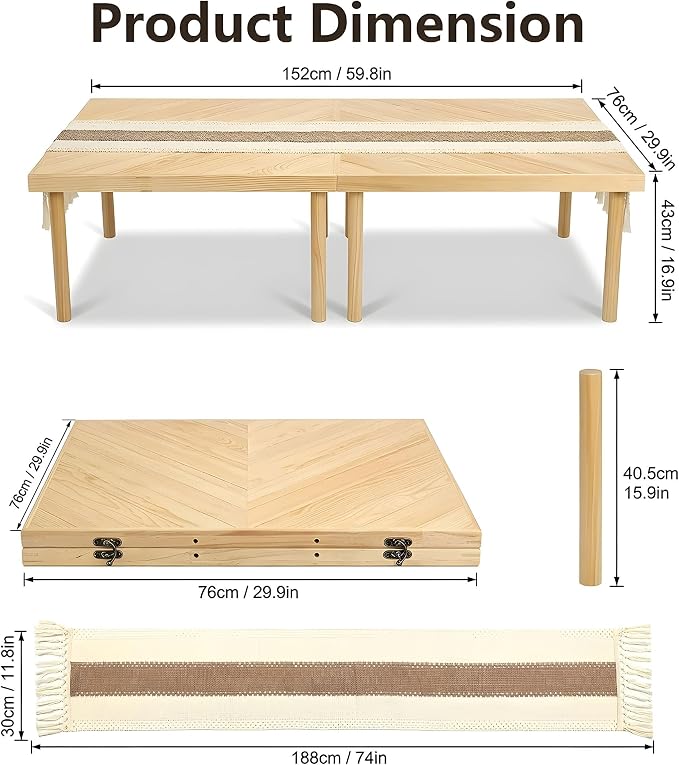 60" x 30" Folding Picnic Table with Table Runner,Upgraded 8-Legs, Extra Stable Boho Low Wood Table, Portable Large Picnic Table for Floor Seating, Adjustable Height for Beach, Wedding, Party