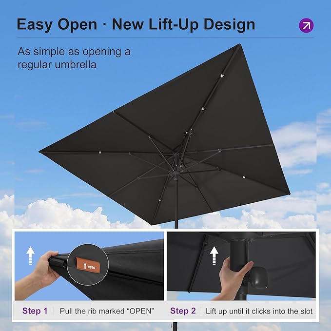 PURPLE LEAF 10' x 10' Square Semi-Auto Outdoor Patio Umbrella Aluminium Market Umbrella Table Sun Umbrella with 1.89" Rod and 8 Sturdy Ribs for Deck Lawn Pool Garden, Gray