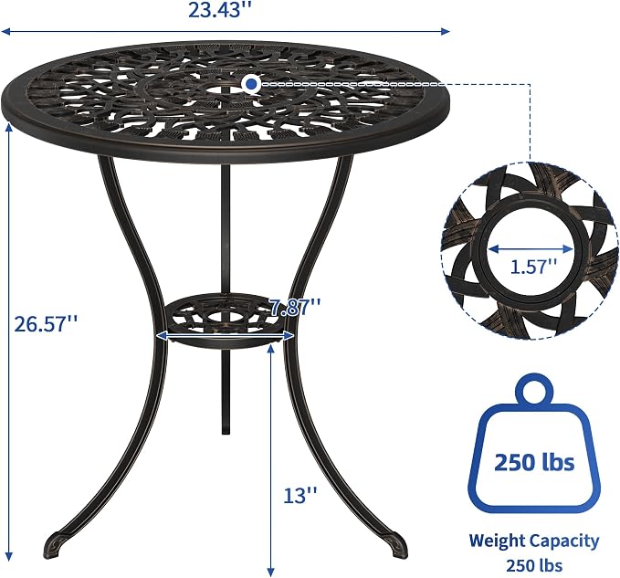 GAOMON 23" Cast Aluminum Patio Bistro Table with Umbrella Hole, Outdoor Round Coffee Bistro Side Table, Anti-Rust Outdoor Furniture for Backyard, Garden, Porch, Pool, Balcony, Bronze