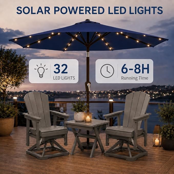 11FT Solar Patio Umbrella with Lights, Outdoor Table Market Umbrella with 32 LED Lights, 8 Sturdy Ribs, Smooth Crank Lift for Pool, Deck and Garden, UV-Resistant