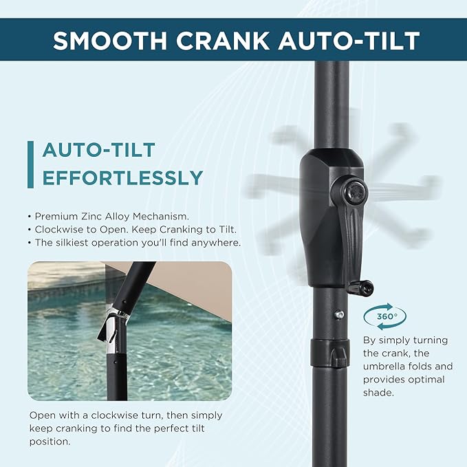 9FT Outdoor Patio Umbrella with Crank Lift & Auto Tilt - Market Umbrella, 8 Heavy-Duty Ribs, UV Resistant & Water-Repellent for Garden, Deck, Poolside & Backyard