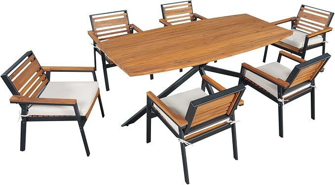 7 Pieces Metal Patio Dining Table Set with Acacia Wood, 74.8"L Dinner Table, 6 Chairs with Dual Layer Iron and Detachable Cushions, Outdoor or Indoor Furniture for Garden or Backyard, Black Beige