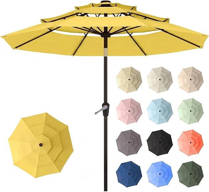 10ft Patio Umbrella, 3 Tier Outdoor Market Table Umbrellas with 8 Fiberglass Ribs and Push Button Tilt, Windproof, Vented Canopy, UV Protection for Deck, Pool, Backyard