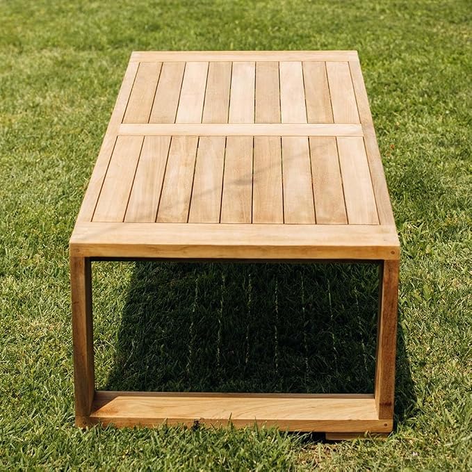 TITAN GREAT OUTDOORS Ash & Ember Sierra Grade A Teak Coffee Table, 16" Tall Outdoor Hand-Sanded Accent Table, 59.75"x24" Slated Tabletop, Reinforced with Finger Joints & Solid Brass Hardware