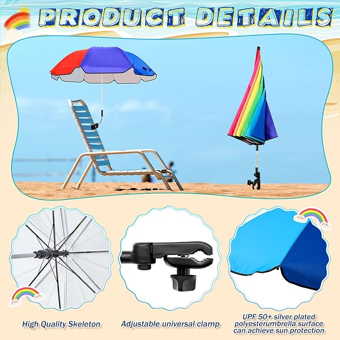 Buryeah 2 Pcs Beach Chair Umbrella Automatic with Universal Adjustable Clamp 44" UPF 50+ Portable Clamp on Beach Chair for Wheelchair Patio Golf Carts Camping