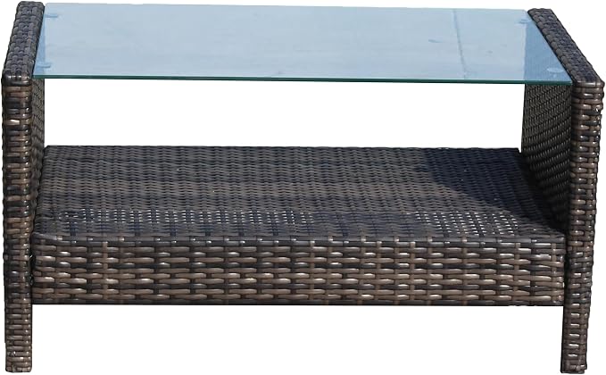 34.6" Patio Side Table, Large Rectangle Outdoor Coffee Table with Tempered Glass Top, Heavy Duty PE Rattan Wicker End Table, Patio Sofa Table for Backyard Deck Patio