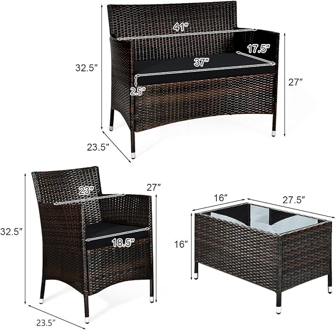 COSTWAY 4PCS Rattan Patio Furniture Set | Outdoor Wicker Rattan Chairs with Coffee Table, Rattan Cushioned Conversation Set for Backyard Balcony Porch Poolside, Black