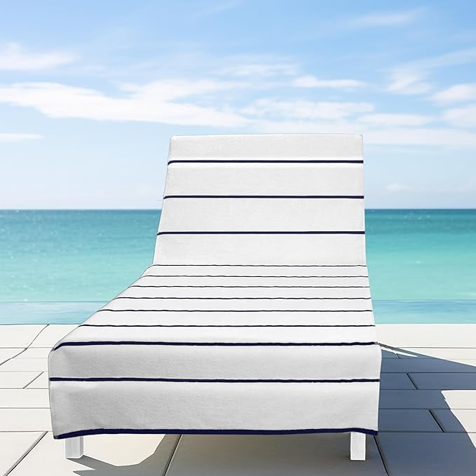 COTTON CRAFT Pool Lounge Chair Cover - 2 Pack Terry Towel Chaise Lounge Cover - Soft Cotton Absorbent Striped Towel Beach Chair Cover - Oversized 32 in W x 82 in Length x 7 in Pocket – White Blue