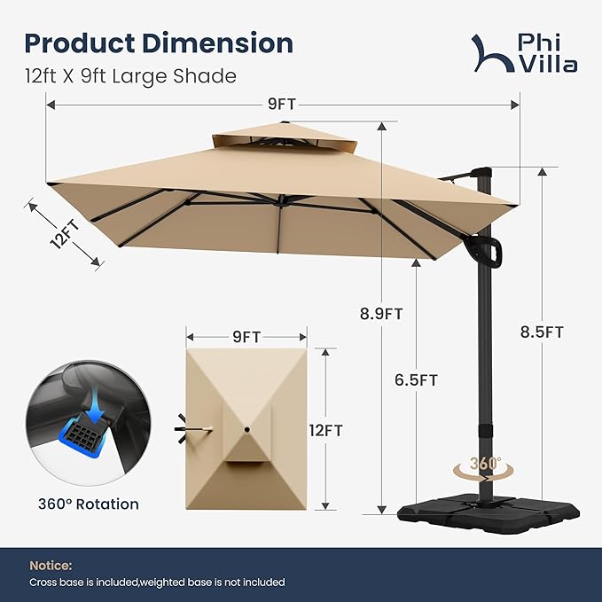 PHI VILLA 9’ x 12’ Cantilever Patio Umbrella with Base, Outdoor Rectangular Heavy Duty Large Umbrella with Hydraulic Lift and 360° Rotation, Beige