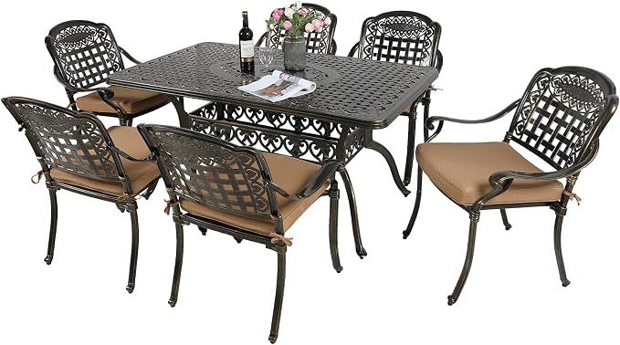 MEETWARM 7-Piece Outdoor Furniture Dining Set, All Weather Cast Aluminum Patio Garden Set with 6 Chairs, 6 Cushions, 1 Rectangular Table, 2" Umbrella Hole, Dark Bronze