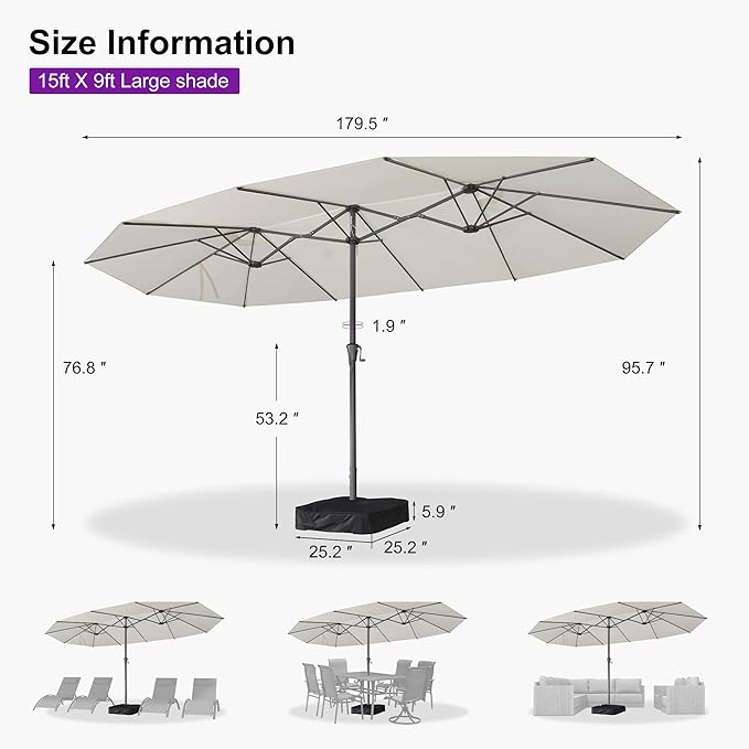 PURPLE LEAF 15ft Patio Market Umbrella with Base Included Double-Sided Rectangle Outdoor Umbrella Table Umbrella with Crank for Pool Garden Deck, Cream