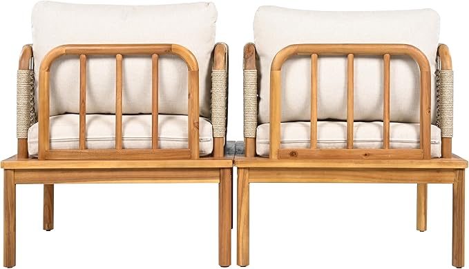 Merax MP2 Set of 2 Outdoor Club Chairs, Acacia Wood & Rope Weave with Water-Repellent Cushions, Patio Conversation Chairs for Garden & Balcony