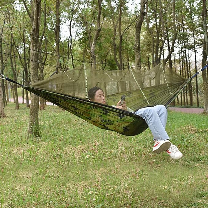 Camping Hammock with Net Hold Up to 660lbs 2 Person Travel Portable Lightweight Nylon Hammocks for Outdoor Hiking Camping Backpacking Travel Backyard Beach (Light Green)
