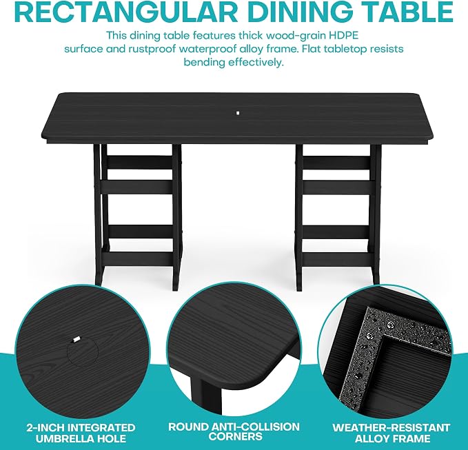 5-Piece Dining Set, HDPE Table & 4 Chairs, Black | HDPE Dining Set: 69.1" Table + 4 Chairs,380 lbs,304 Stainless,All-Weather,No Rust No Crack,Outdoor Patio Garden