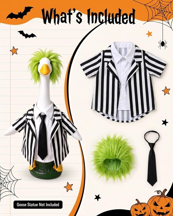 Halloween Porch Goose Outfits, Spooky Striped Suit Fits 23" Lawn Statue | Funny goose clothes costume with green wig. Spooky fall yard decor accessories, thoughtful gift for mom & grandma.