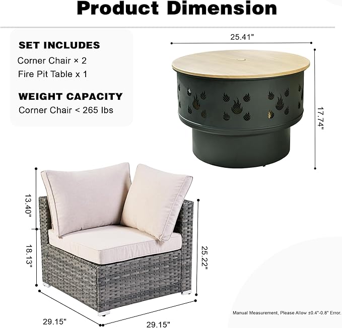 HOOOWOOO 3-Piece Outdoor Wicker Patio Furniture Set, Modular Sectional Sofa with Cushions and Fire Pit Table, All-Weather Rattan Garden Seating for Patio, Porch, or Balcony (Beige)
