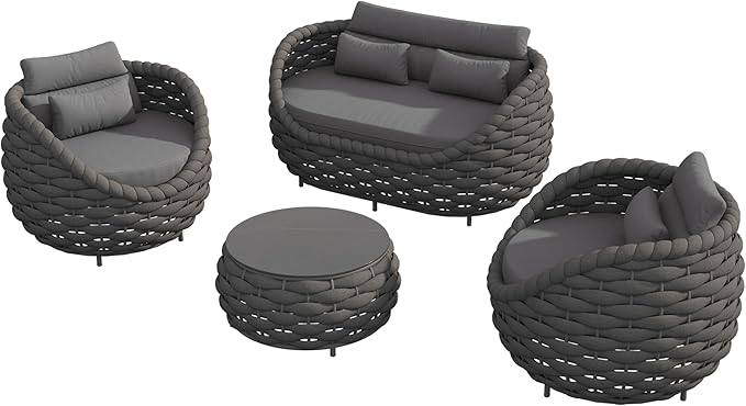 Patio Sofa Set for Outdoor and Indoor Use All-Weather Textilene 4 Pieces Conversation Set, Sectional Sofa and Coffee Table Aluminum Frame Garden Furniture (Dark Grey)