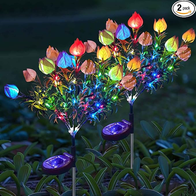 Solar Garden Lights, 7 Heads Gardenia Colorful Flower Light Waterproof Solar Outdoor Lights for Yard Pathway Decor, Two Lightning Modes, 2 Pack Pink
