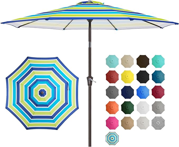 JEAREY 9' 2-Tiers Patio Umbrellas Outdoor Table Market Umbrella w/Push Button Tilt/Crank, 8 Sturdy Ribs, UV Protection Waterproof Sunproof(Blue Green Striped)