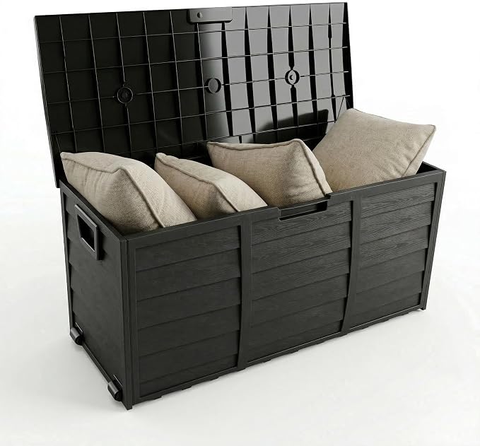 75 Gallon Outdoor Storage Box, 260L Waterproof Resin Deck Box for Patio Furniture Cushions, Garden Tools and Yard Accessories, Lockable Storage Chest with Wheels and Handles (Black)