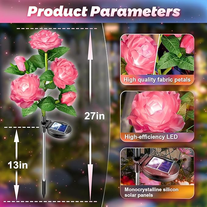 Anordsem Solar Garden Lights Outdoor: 20 Artificial Fabric Pink Roses Flowers 4 Pack- LED Flower Decorations for Cemetery Grave Pathway Yard- Valentine's Day Gifts for Women, Wife and Mother