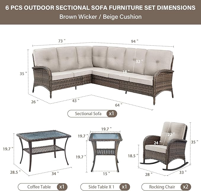 Belord Outdoor Furniture Set - 6 Pieces Patio Conversation Sectional Sofa Set with Patio Rocking Chairs Set of 2 and Wicker Coffee Table for Deck Backyard Sunroom Brown