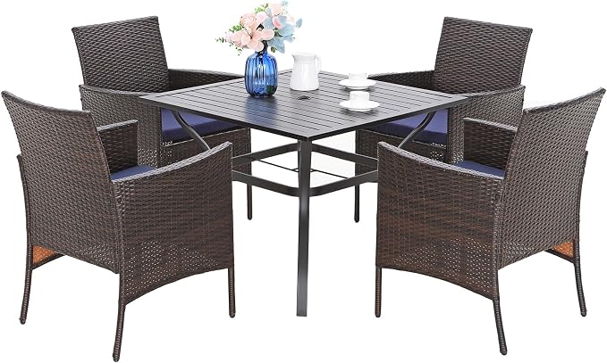 Sophia & William Patio Table and Chairs Set for 4, 5 Pieces Outdoor Dining Set, Square Metal Outdoor Table and Rattan Chairs with 1.57" Umbrella Hole, Seat Cushions